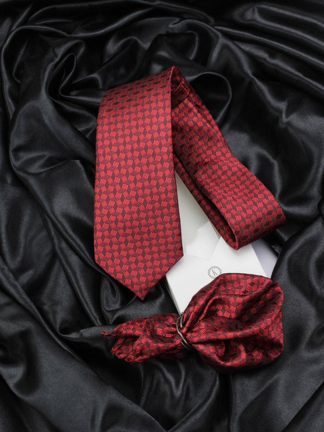 Kavove Red Geometric Printed The Abstract Zoid Tie & Pocket Square Gift Set
