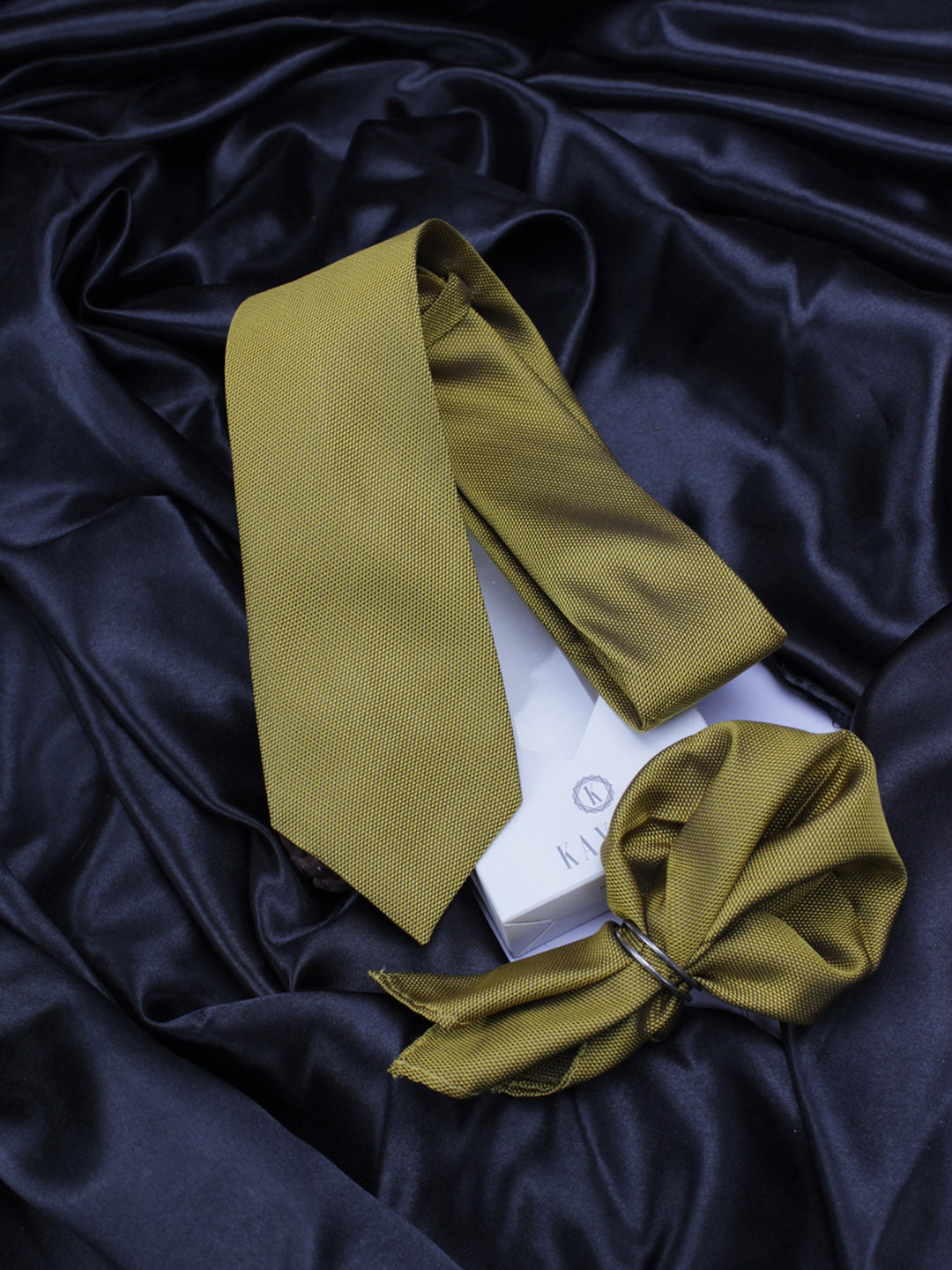 Kavove Men Mustard Yellow Self Design Neck Tie & Pocket Square Accessory Gift Set