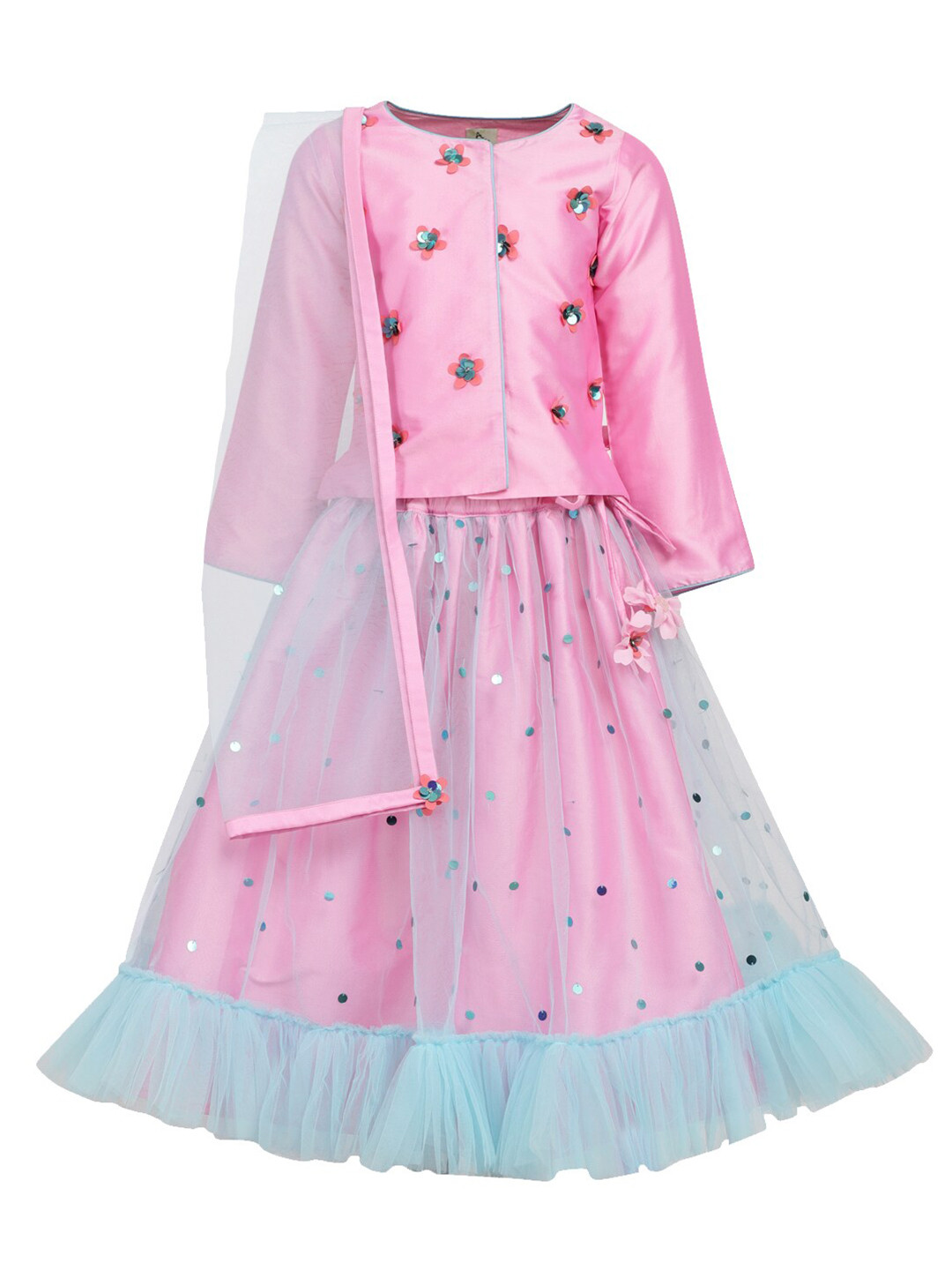 A Little Fable Girls Pink & Blue Embellished Sequinned Ready to Wear Lehenga & Blouse With Dupatta
