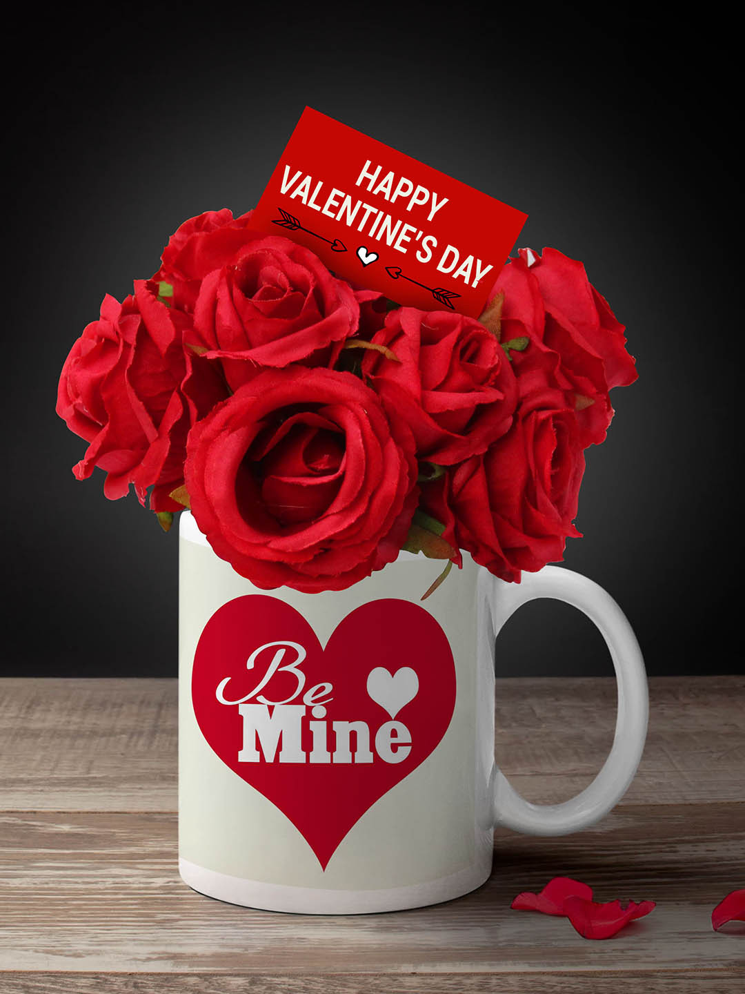 TIED RIBBONS Valentine Gift Set of 12 Artificial Red Rose Bunch with Mug & Card