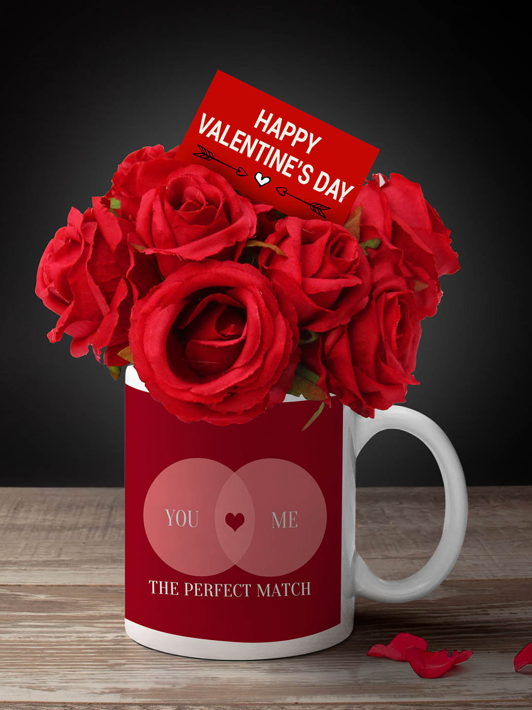 TIED RIBBONS Valentine Gift Set of 12 Artificial Red Rose Flower Bunch with Mug & Card