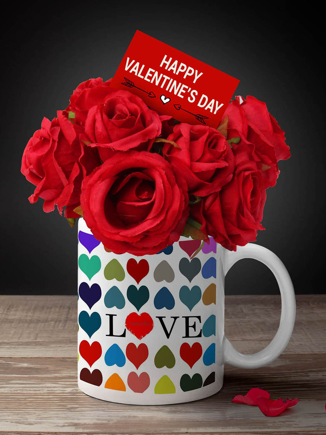 TIED RIBBONS Valentine Gift Set of 12 Artificial Red Rose Bunch with Mug & Card