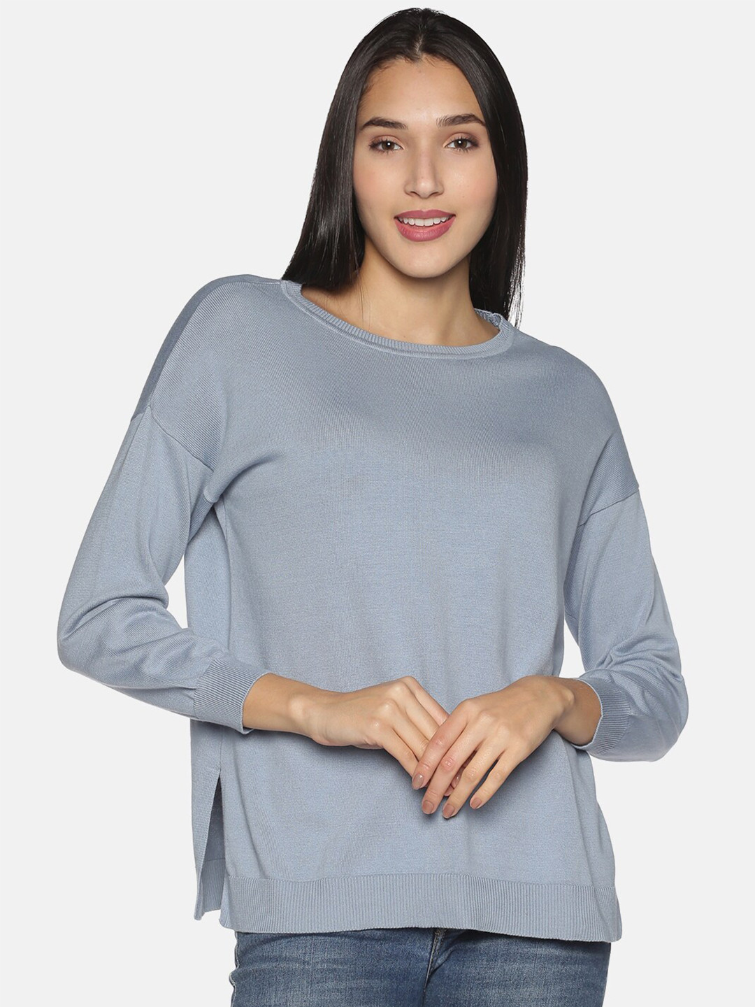 Blissclub Women Blue Pure Cotton Extended Sleeves Nons- Top