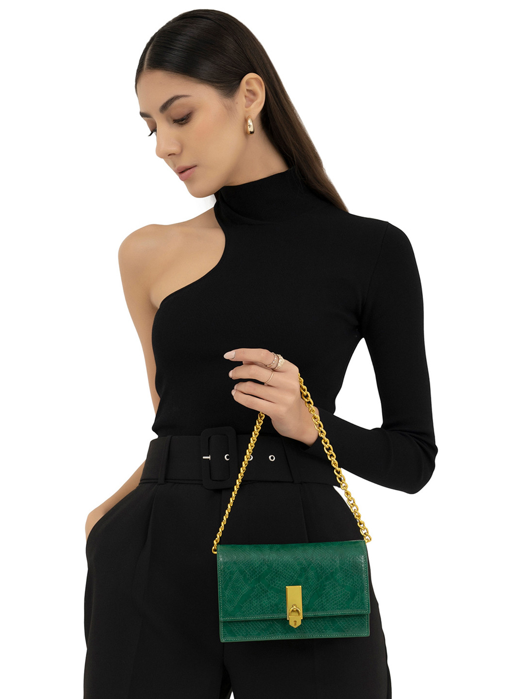 MIRAGGIO Mila Green Shoulder Clutch with Chain Detailing