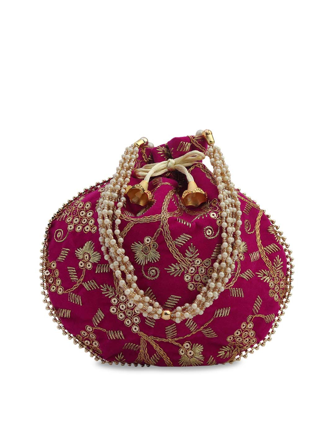 gaura pakhi Pink & Gold-Toned Embroidered Potli Clutch