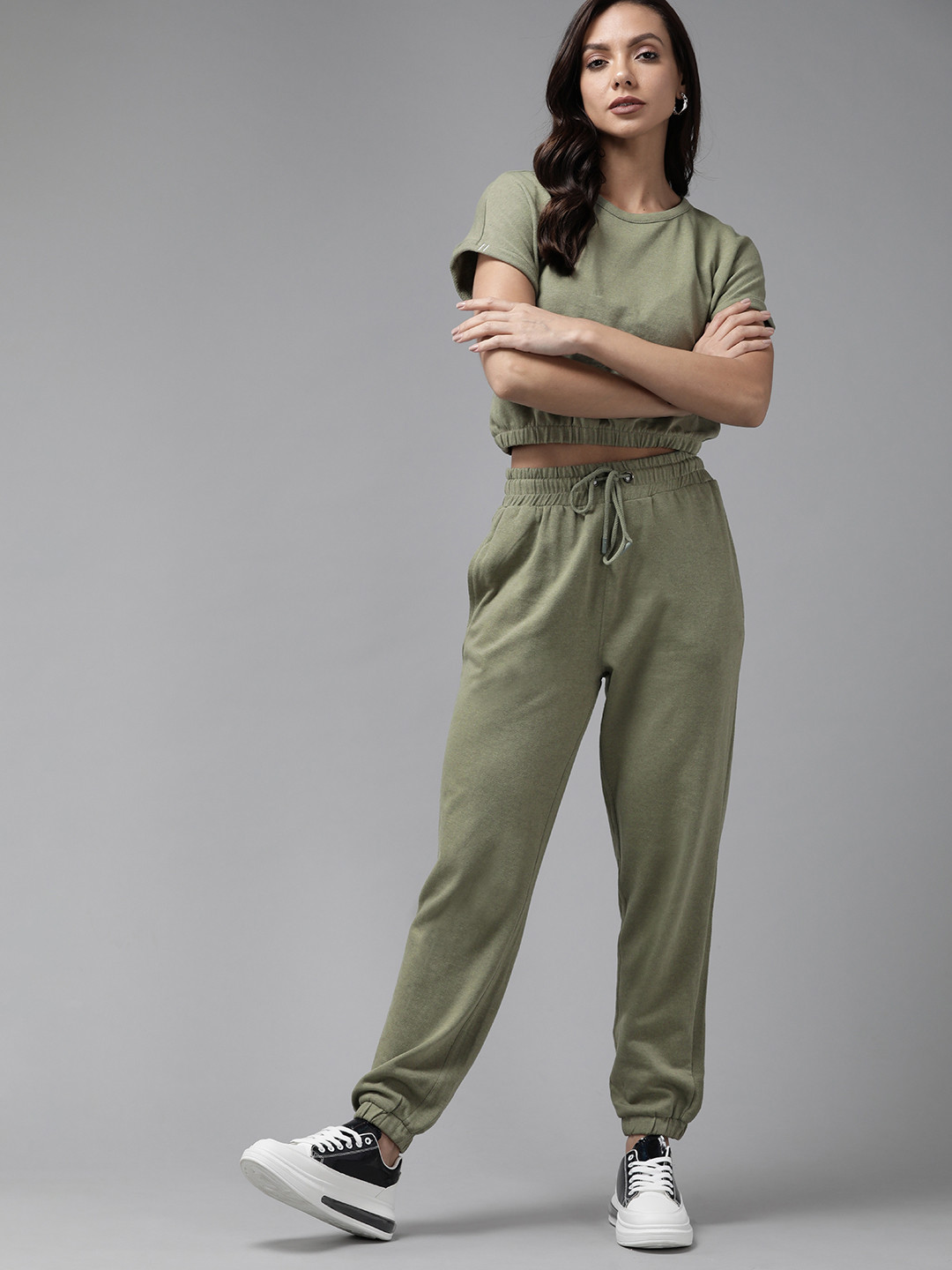 Roadster Women Olive Solid Cropped Blouson Top with Relaxed Joggers