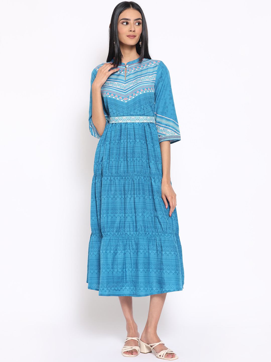 AURELIA Blue Printed Fit & Flared Dress With Belt
