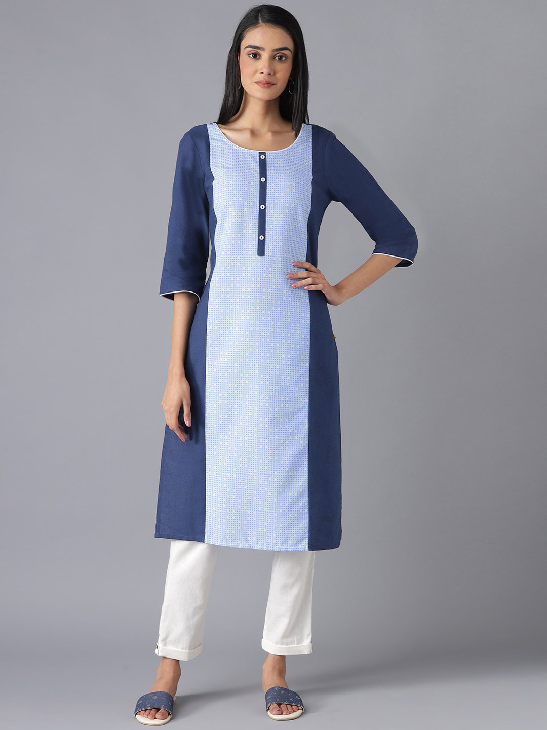 Aurelia Women Blue Solid Cotton Blend Kurta Set with Trousers