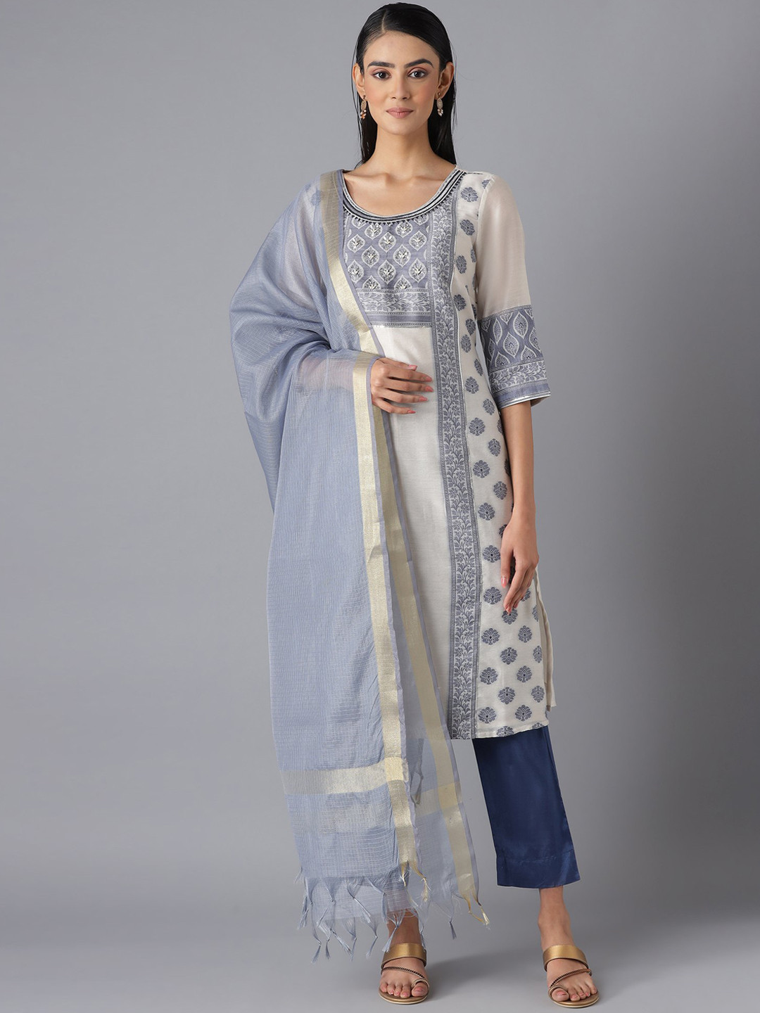 Aurelia Women Blue Printed Poly Jacquard Kurta Set with Trousers & Dupatta