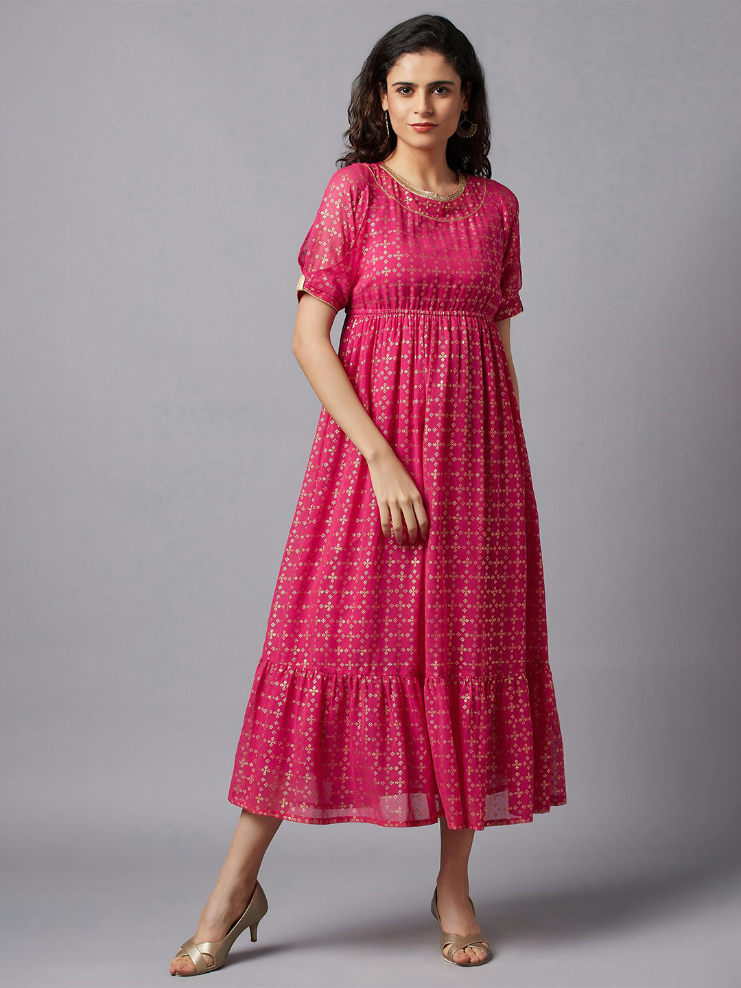 AURELIA Fuchsia & Gold-Toned Ethnic Motifs Ethnic Midi Dress