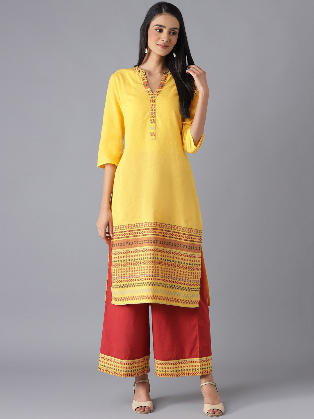AURELIA Women Yellow Ethnic Motifs Printed Pure Cotton Kurta with Palazzos
