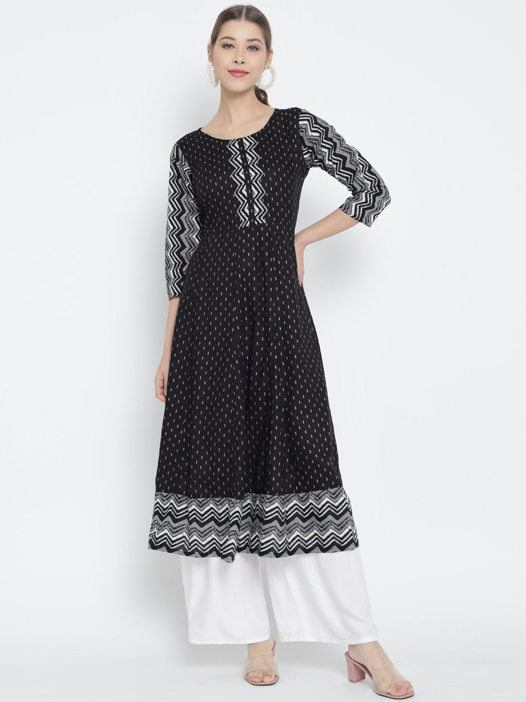 YASH GALLERY Black Geometric Printed Anarkali Kurti