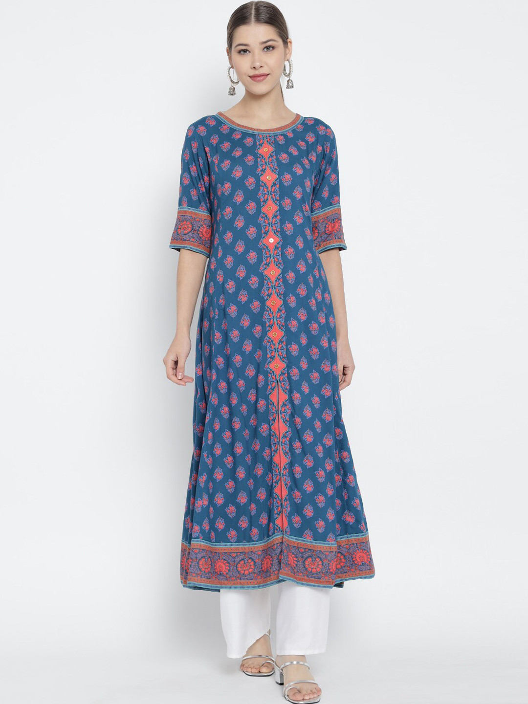 YASH GALLERY Blue Floral Printed Front slit Anarkali Kurti