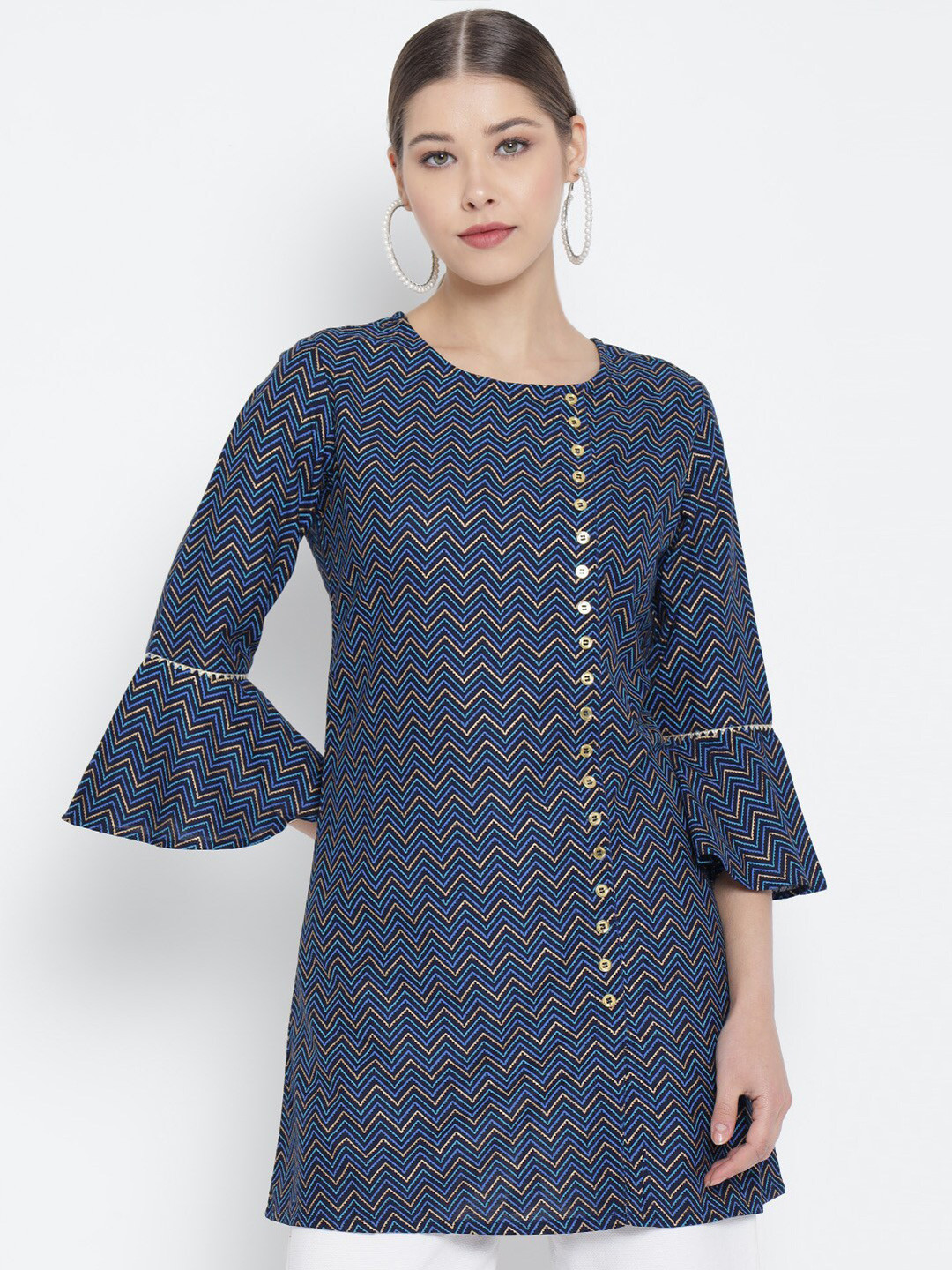 YASH GALLERY Blue Zig Zag Geometric Printed Short Kurti