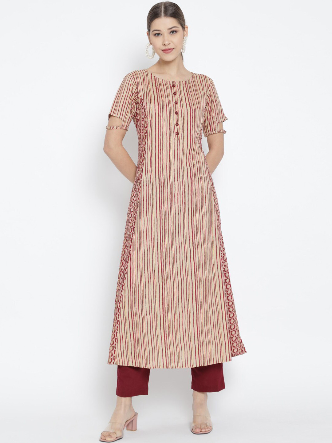 YASH GALLERY Maroon & Beige Striped Printed A-Line Kurti