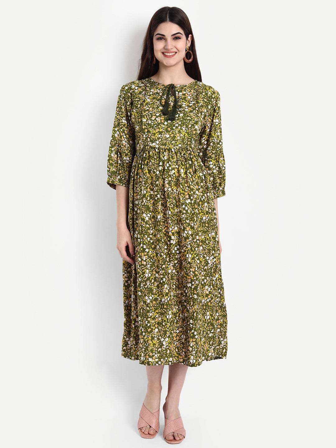 Aaruvi Ruchi Verma Green & Yellow Floral Tie-Up Neck Maternity Midi Fit & Flare Dress