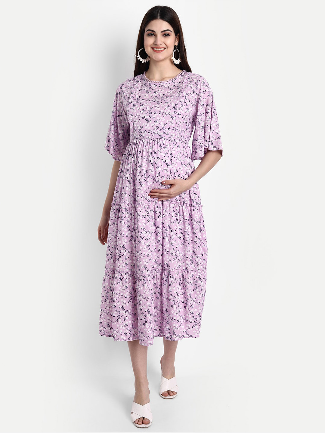 Aaruvi Ruchi Verma Women Purple & White Floral Maternity Midi Dress