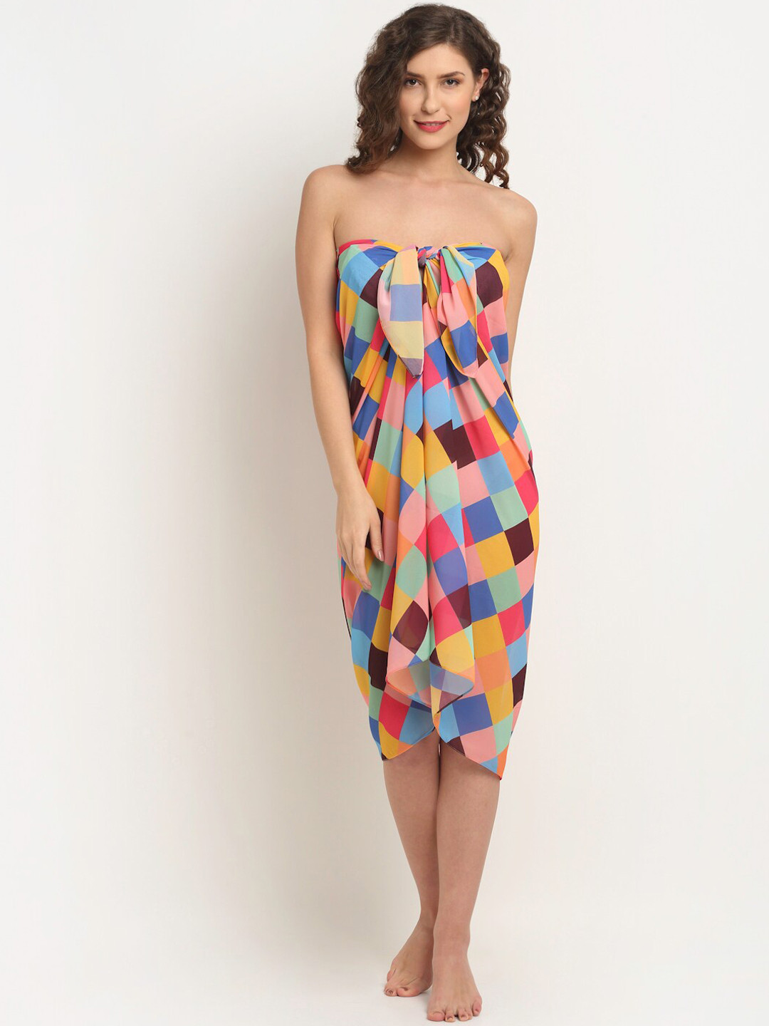 Aoba Women Blue & Yellow Checked Sarong Swimwear Cover up