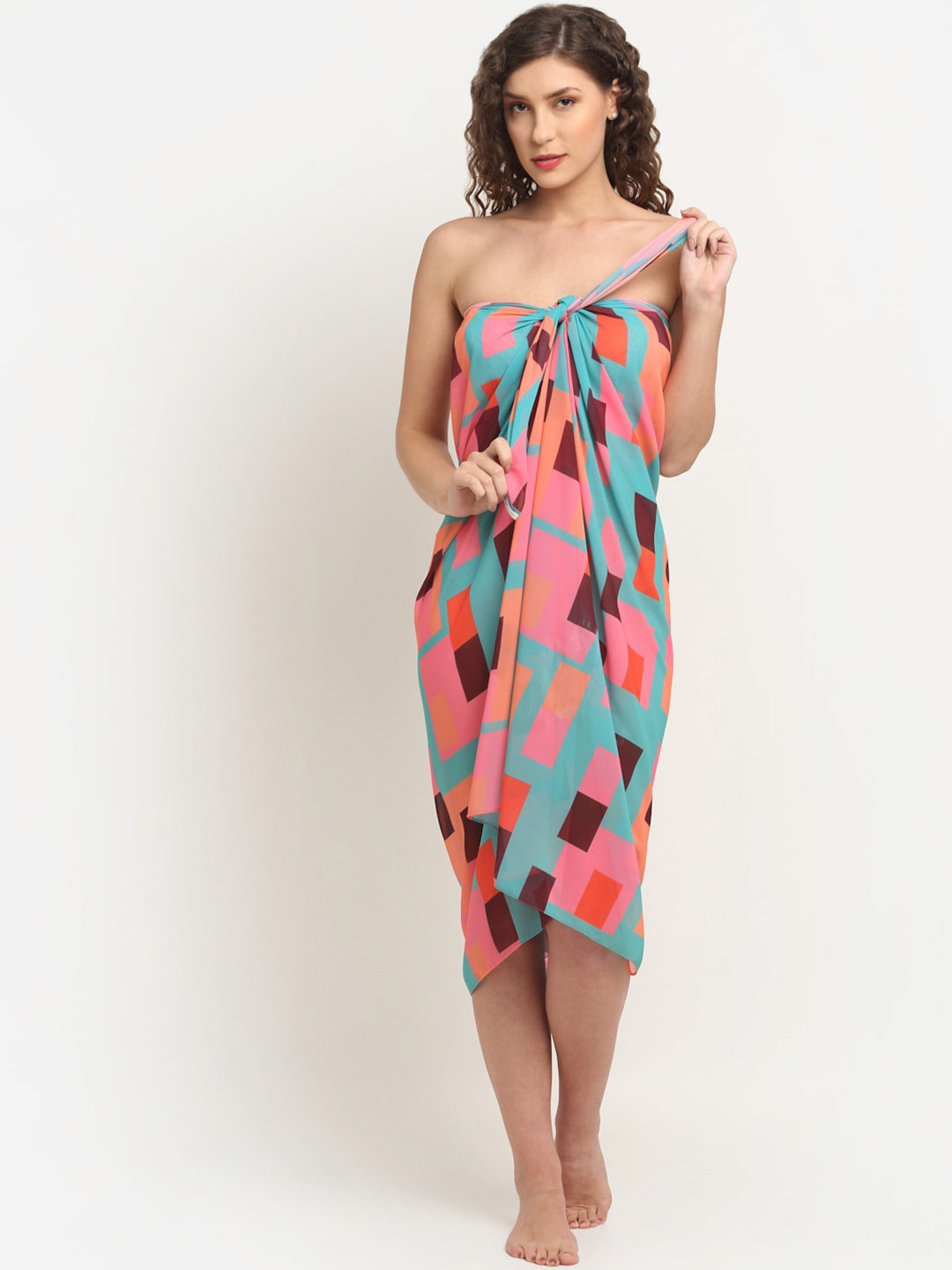 Aoba Women Pink & Blue Checked Swimwear Cover up Sarong