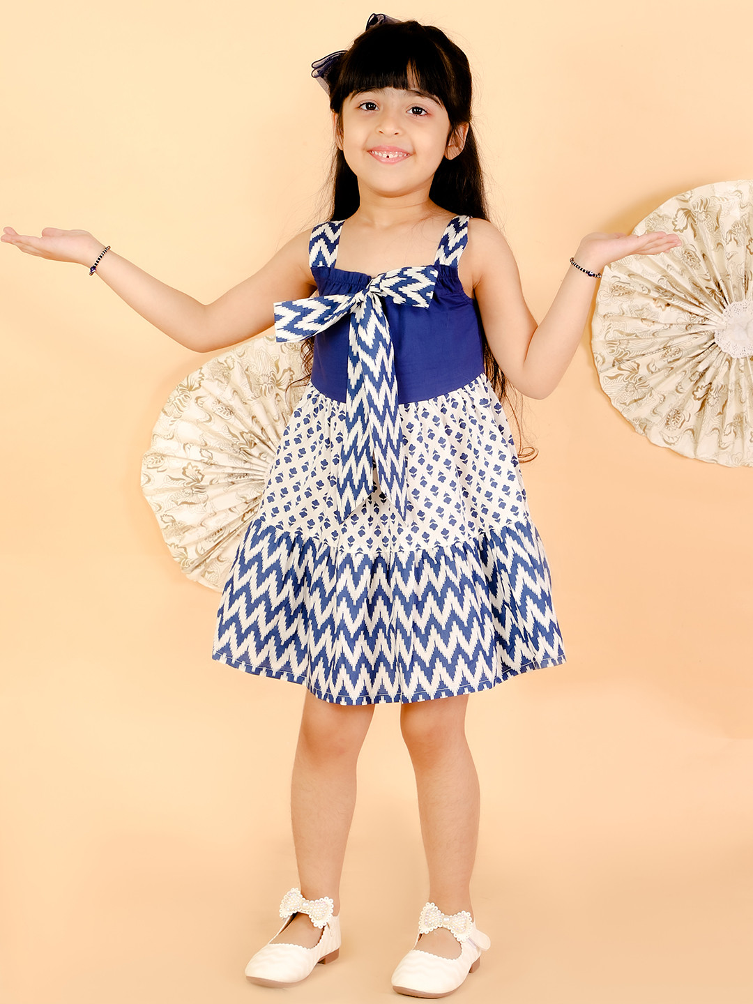 LIL DRAMA Navy Blue Chevron Printed Fit & Flared Dress