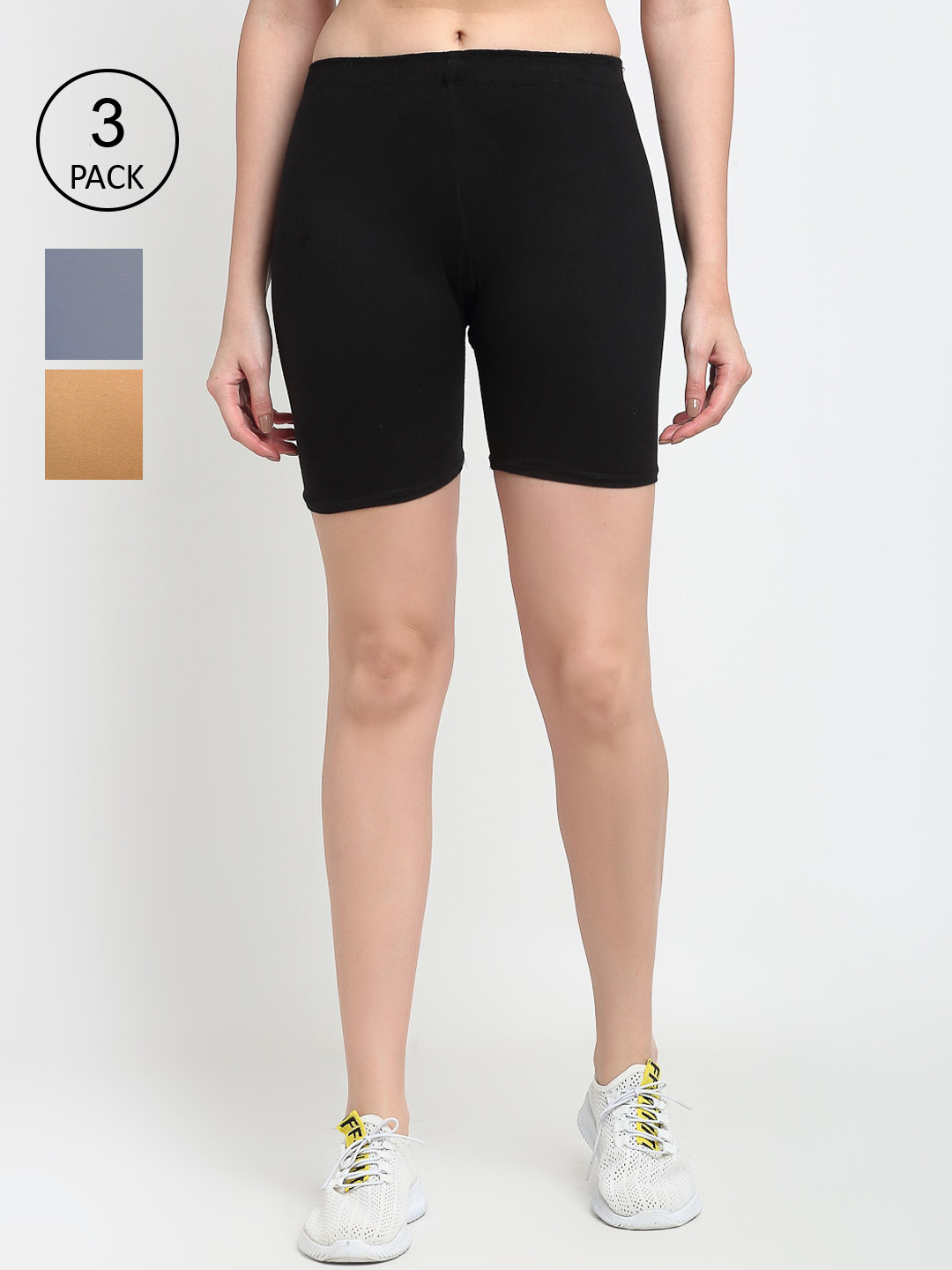 GRACIT Women Black, Grey & Yellow Set of 3 Lycra Biker Shorts