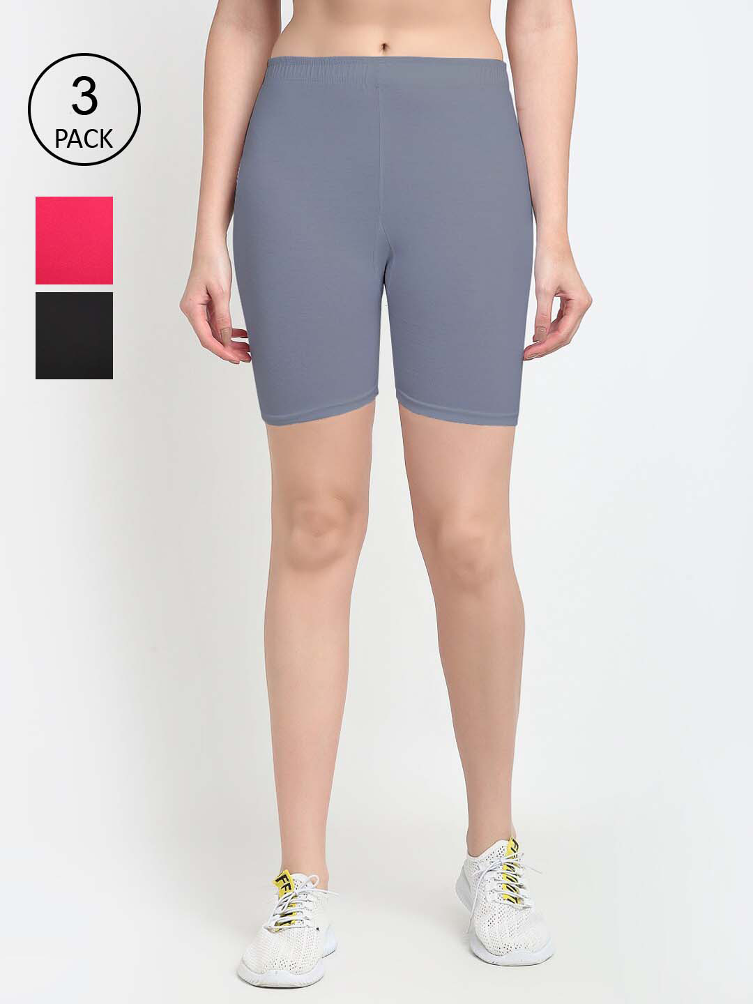 GRACIT Women Black Pink & Grey Set Of 3 Biker Shorts
