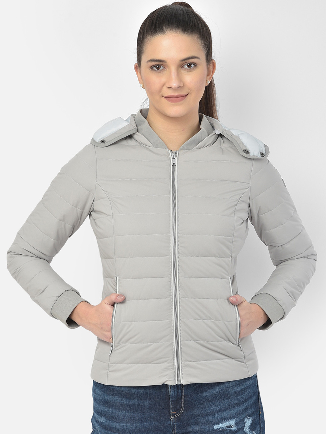 Woods Women Grey Water Resistant Puffer Jacket with Patchwork