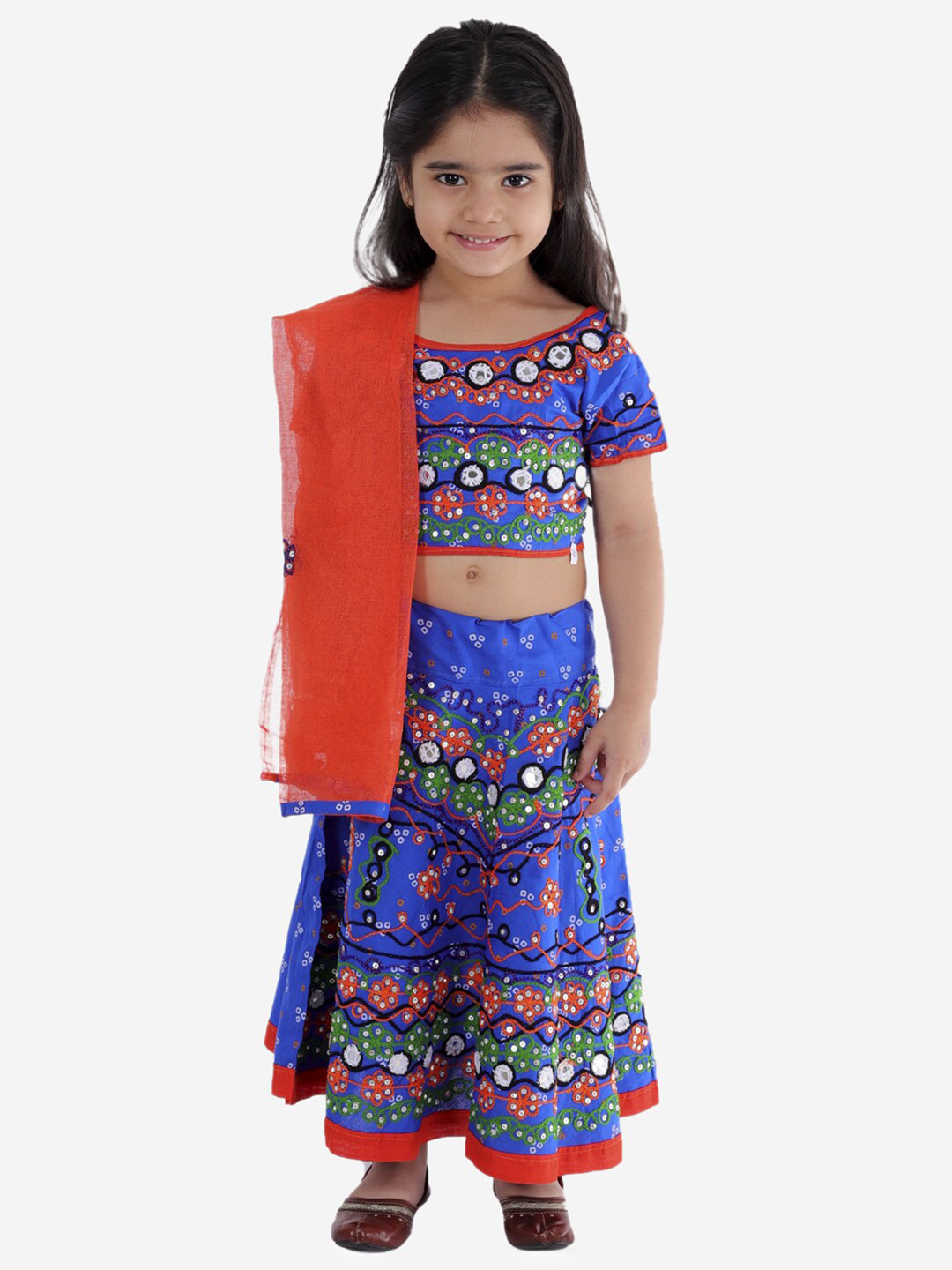 ahhaaaa Girls Blue & Red Embroidered Mirror Work Ready to Wear Lehenga & Blouse With Dupatta