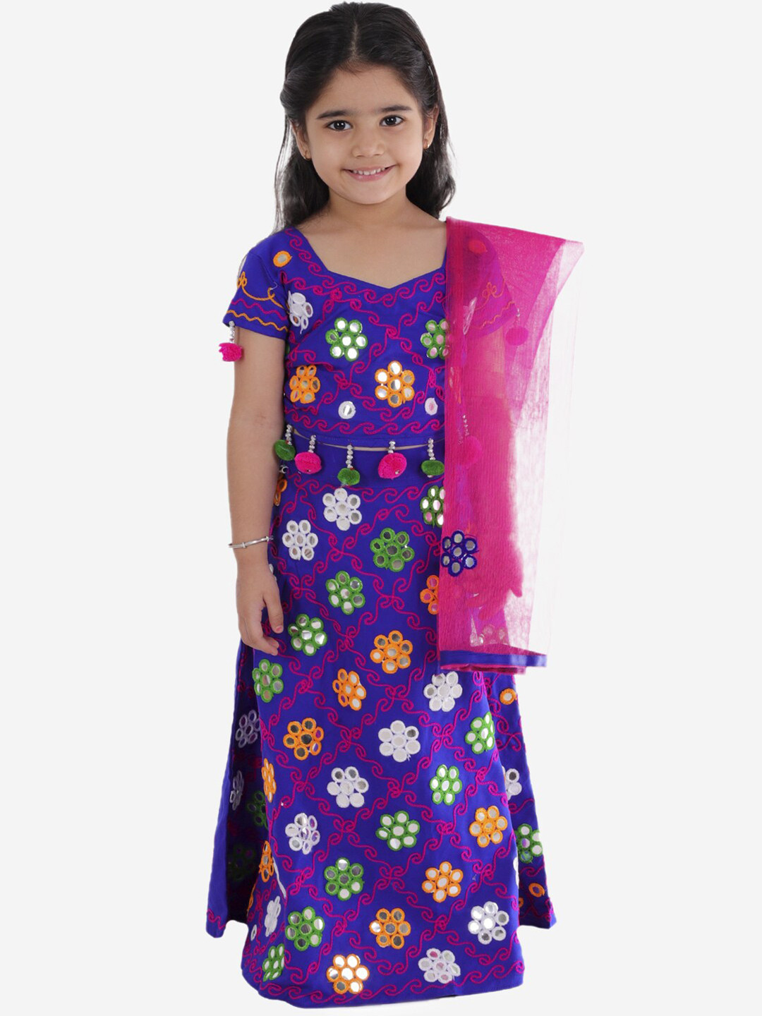 ahhaaaa Girls Blue & Pink Thread Work Lehenga & Blouse With Dupatta