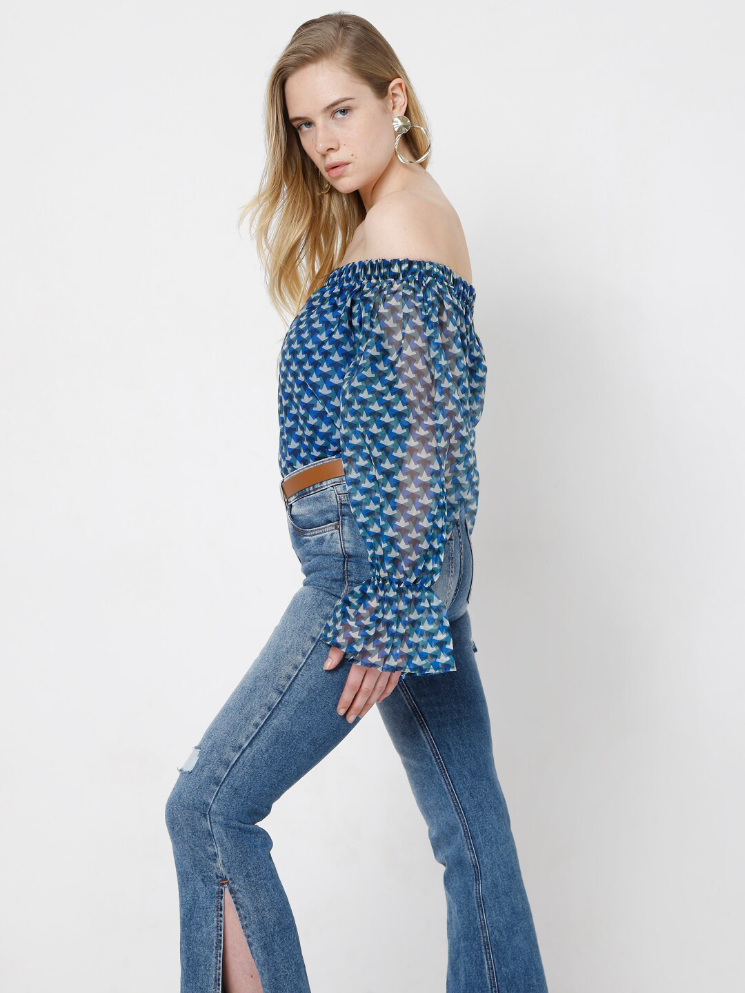 Vero Moda Blue & Off White Geometric Print Off-Shoulder Bardot Top