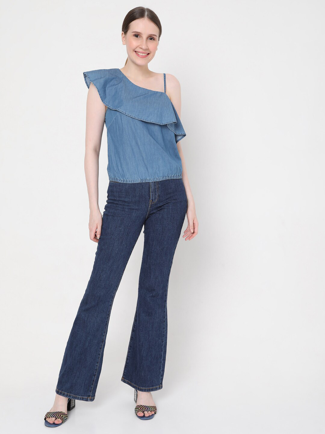 Vero Moda Blue One Shoulder Ruffles Top