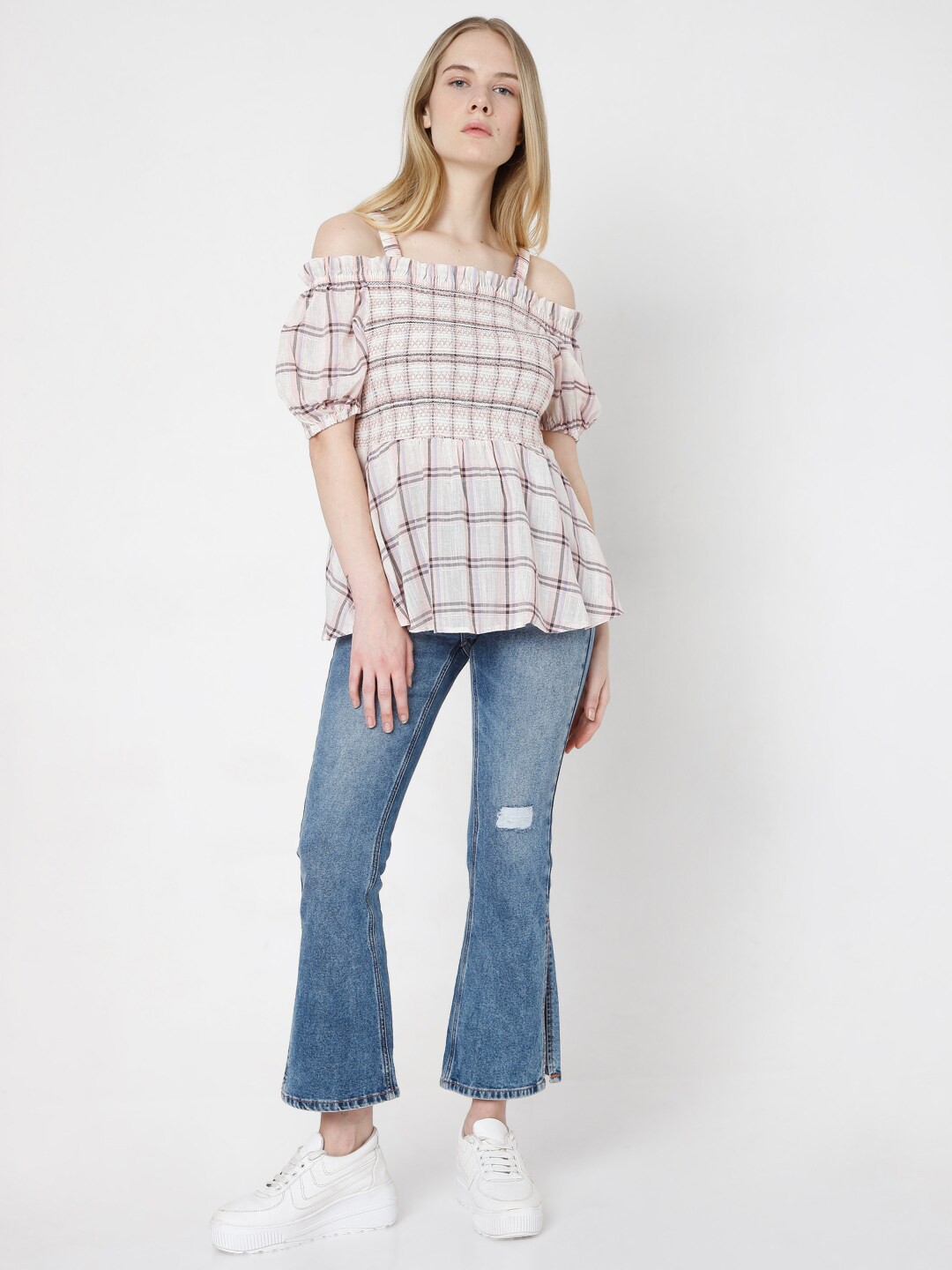 Vero Moda Off White & Pink Checked Top