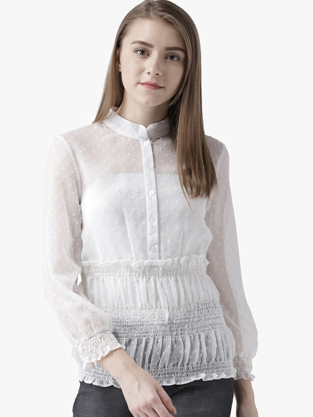 DODO & MOA White Mandarin Collar Georgette Smocked Top