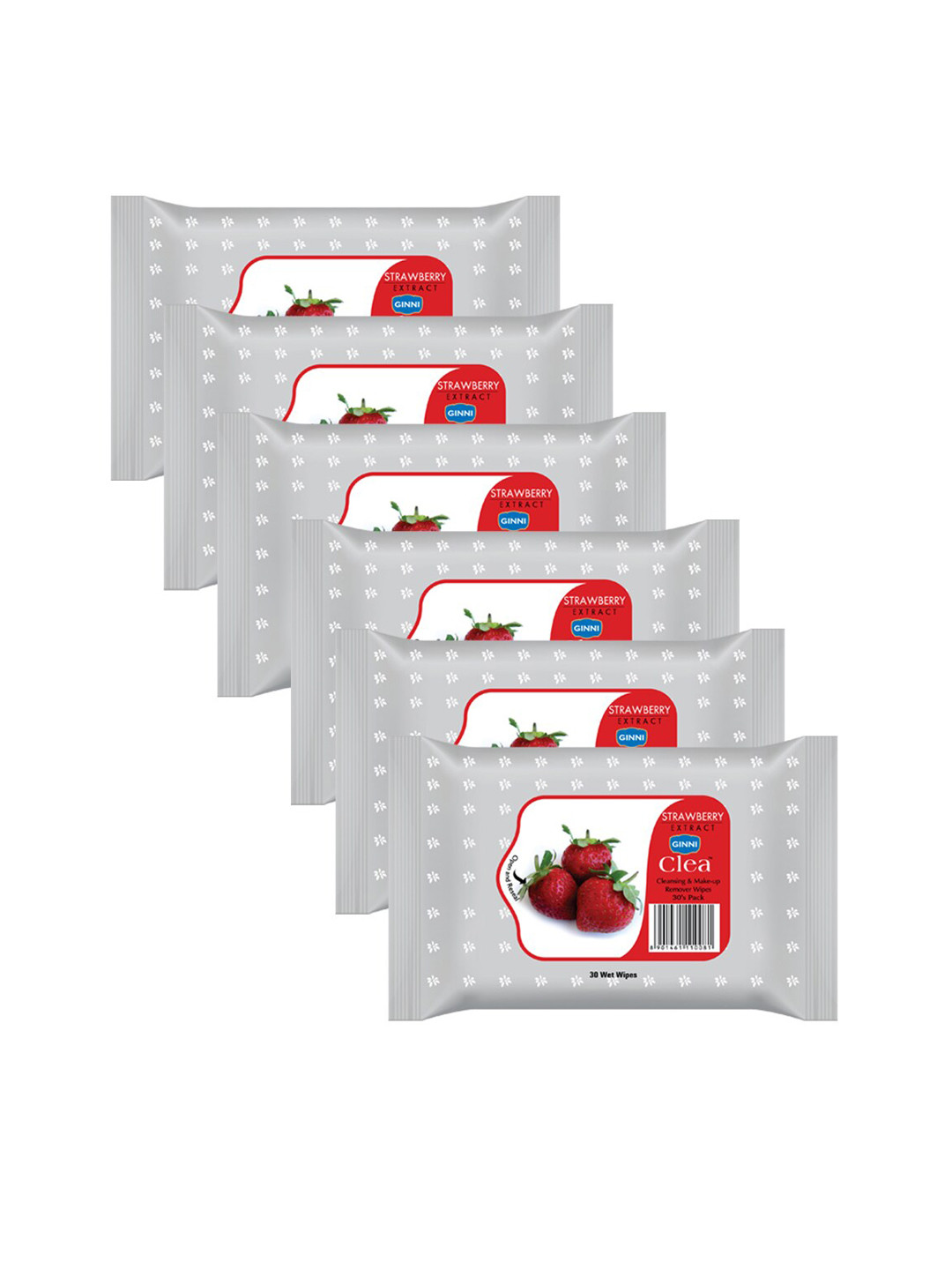 Ginni Set of 6 Strawberry Cleansing & Makeup Remover Wet Wipes - 30 Wipes Per Pack