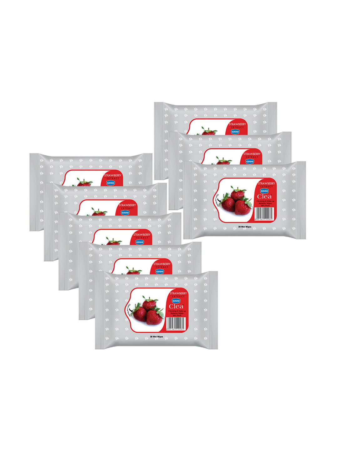 Ginni Set of 8 Strawberry Cleansing & Makeup Remover Wet Wipes - 30 Wipes Per Pack