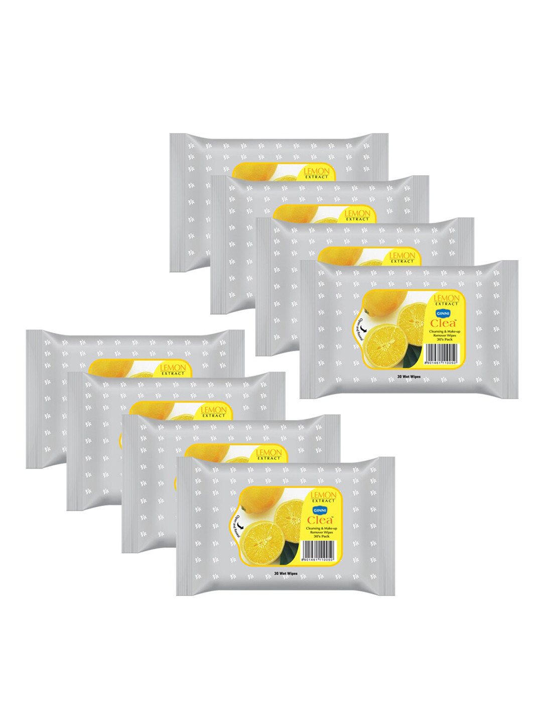 Ginni Set of 8 Lemon Cleansing & Makeup Remover Wet Wipes - 30 Wipes Per Pack