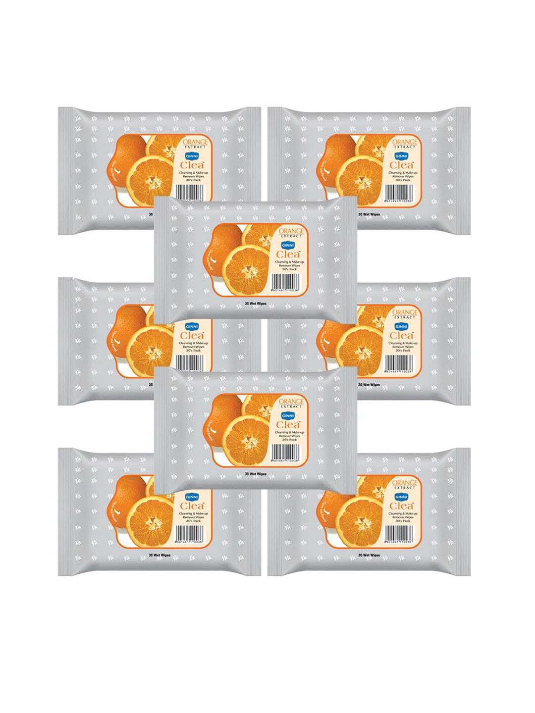 Ginni Set of 8 Orange Cleansing & Makeup Remover Wet Wipes - 30 Wipes Per Pack