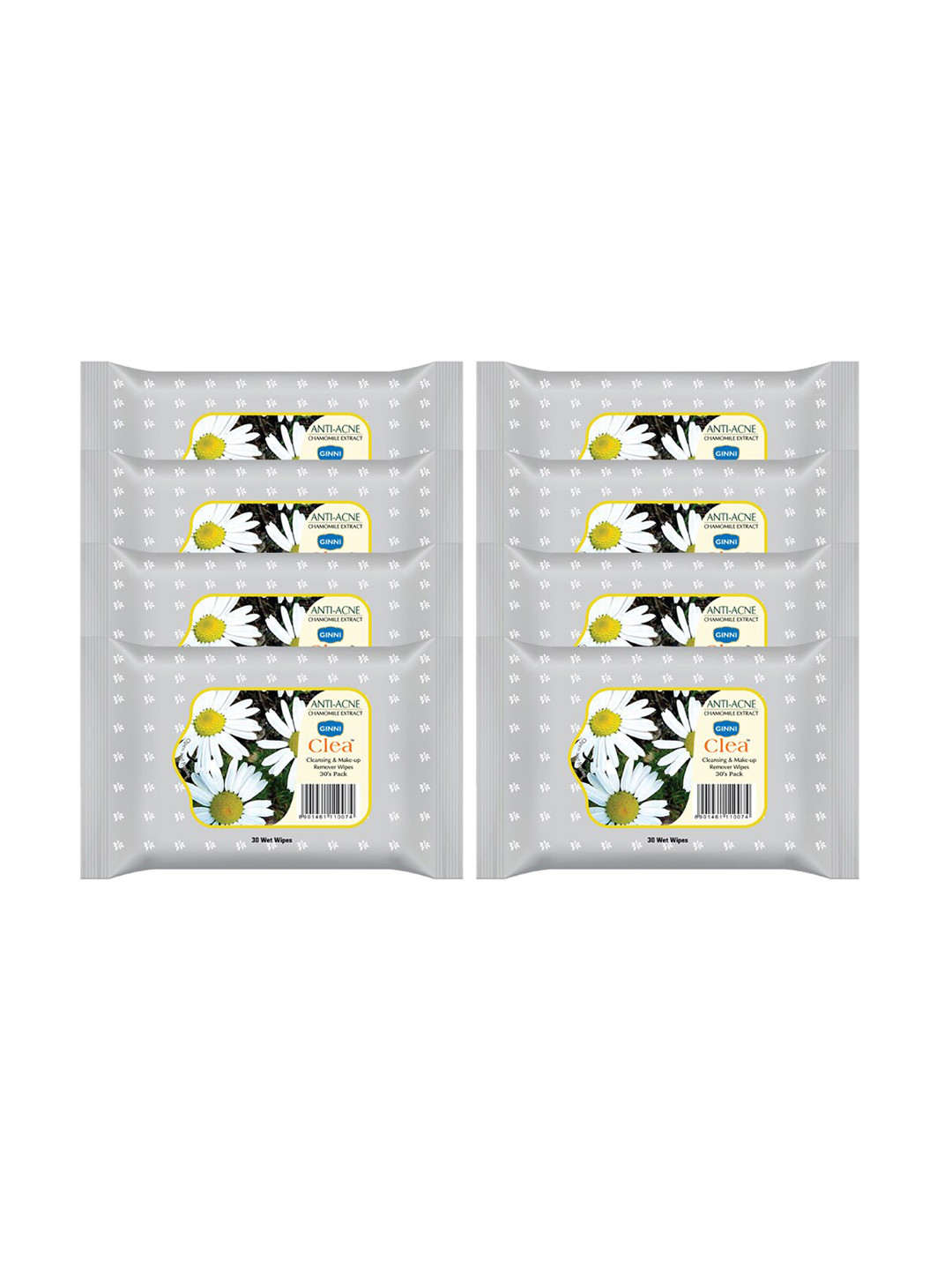 Ginni Set of 8 Antiacne Cleansing & Makeup Remover Wet Wipes - 30 Wipes Per Pack