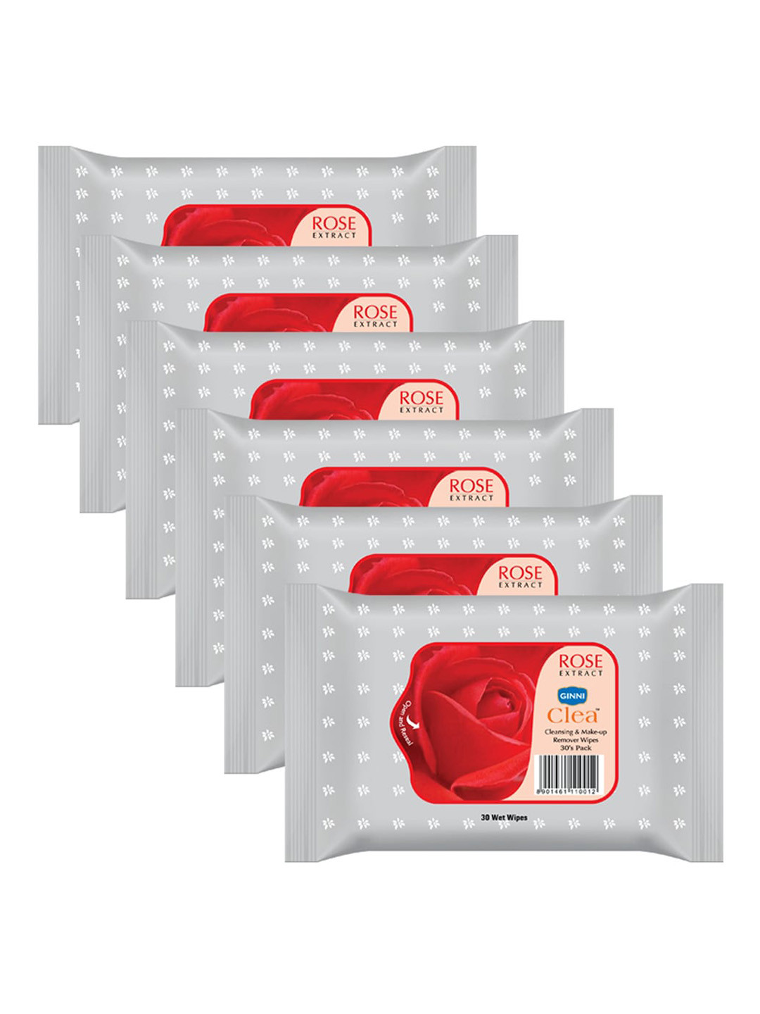 Ginni Set of 6 Rose Cleansing & Makeup Remover Wet Wipes - 30 Wipes Per Pack