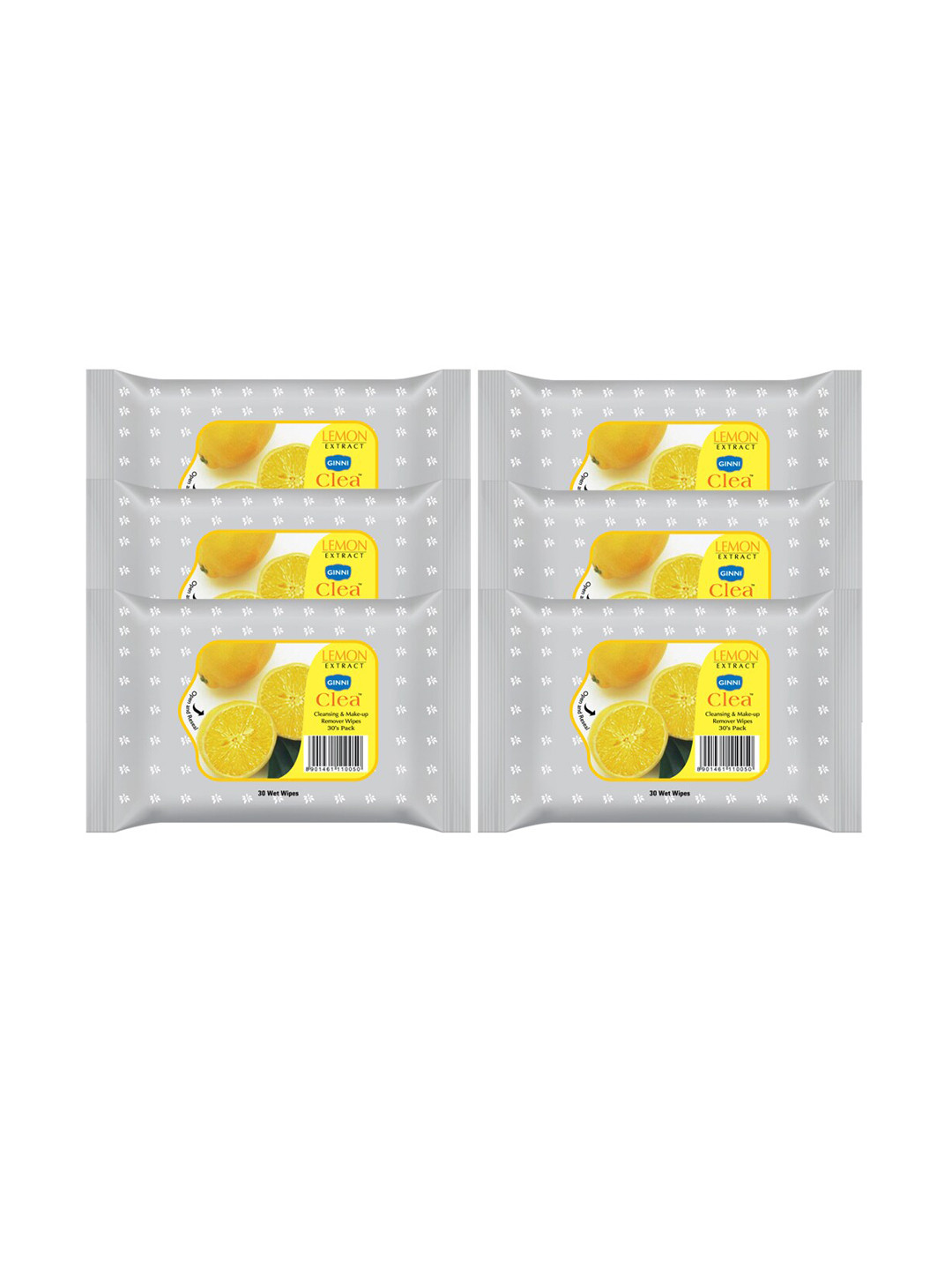 Ginni Set of 6 Lemon Cleansing & Makeup Remover Wet Wipes - 30 Wipes Per Pack