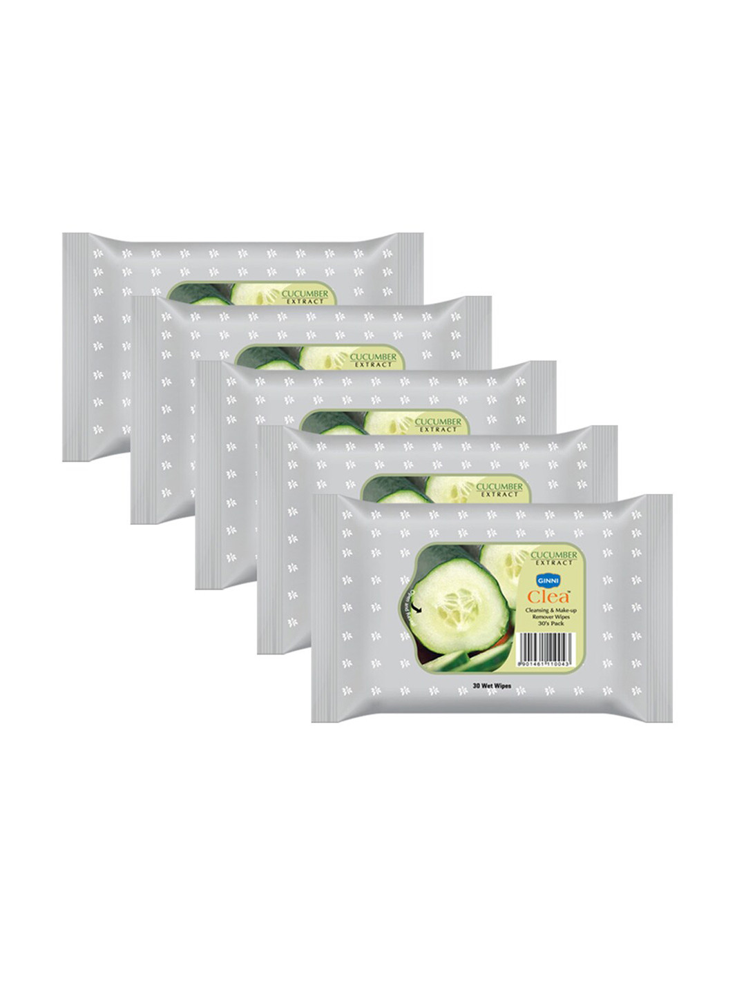 Ginni Set of 5 Cucumber Cleansing & Makeup Remover Wet Wipes - 30 Wipes Per Pack