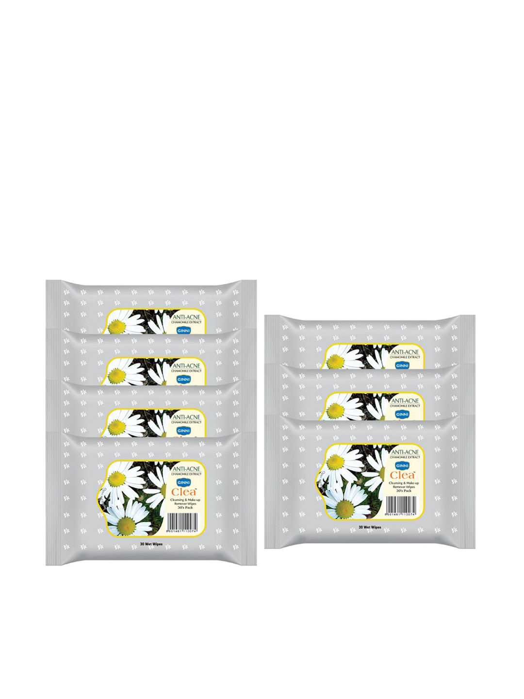 Ginni Set of 7 Anti-Acne Cleansing & Makeup Remover Wet Wipes - 30 Wipes Per Pack