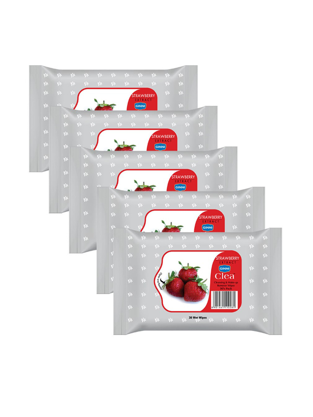 Ginni Set of 5 Strawberry Cleansing & Makeup Remover Wet Wipes - 30 Wipes Per Pack