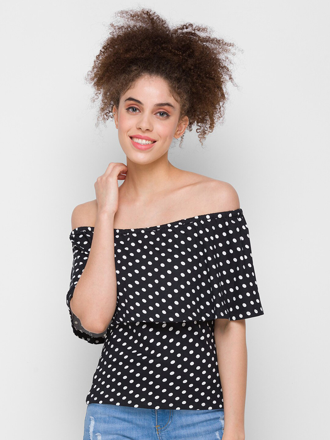 Globus Black & White Print Off-Shoulder Layered Bardot Top