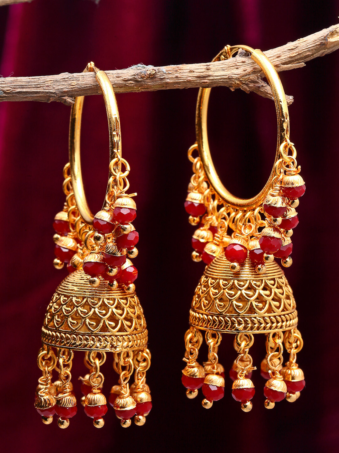 ZENEME Gold Plated Stone Studded Jhumka Hoop Earrings