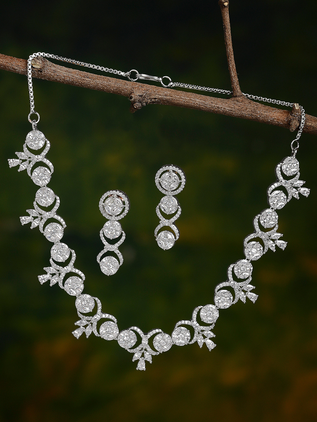 ZENEME Rhodium-Plated Silver Toned American Diamond-Studded Jewellery Set