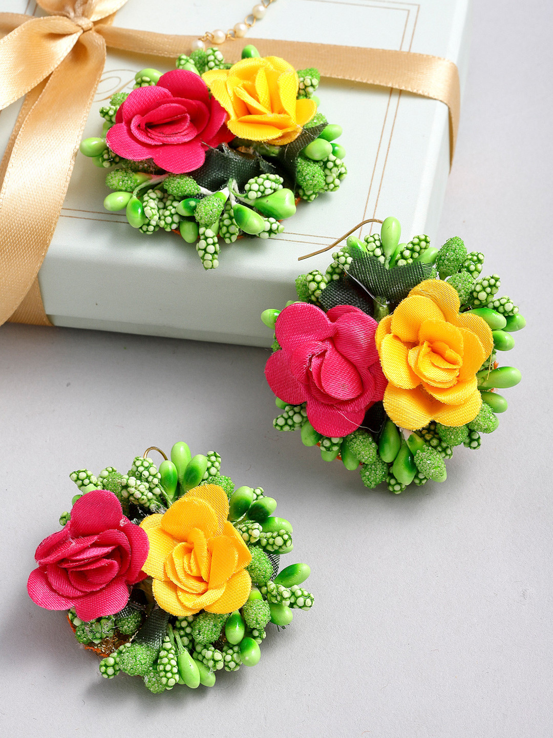 ZENEME Red Yellow & Green Floral Gota Patti Drop Maang Tikka With Earring