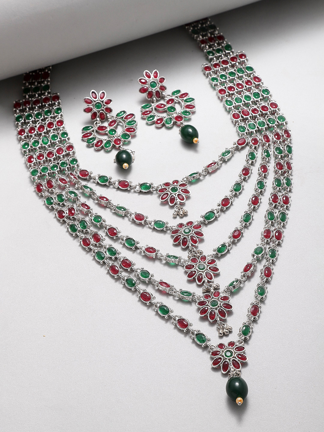 ZENEME Oxidised Green & Red Stone Studded Multi Layered Jewellery Set