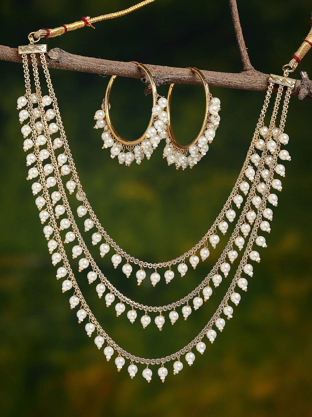 ZENEME Gold-Plated White Pearl Drop 3 Layered Jewelry Set