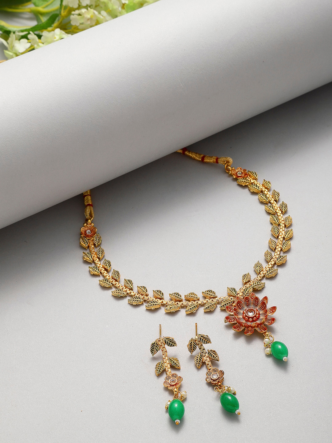 ZENEME Gold-Plated Green Leaf Shaped Drop Pearl Jewellery Set